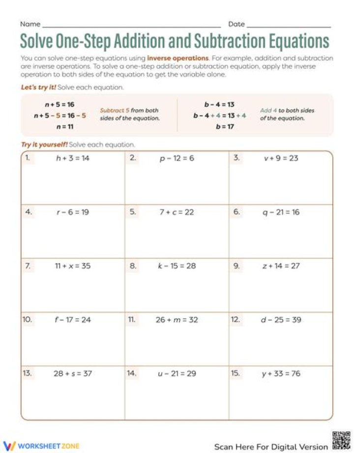 One-Step Equations (Addition) Quiz