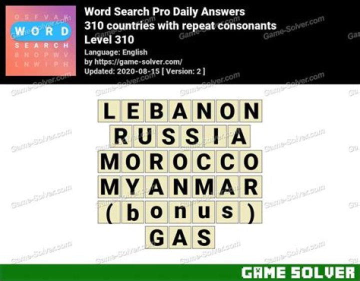 Word Search Pro 310 countries with repeat consonants Answers • Game Solver